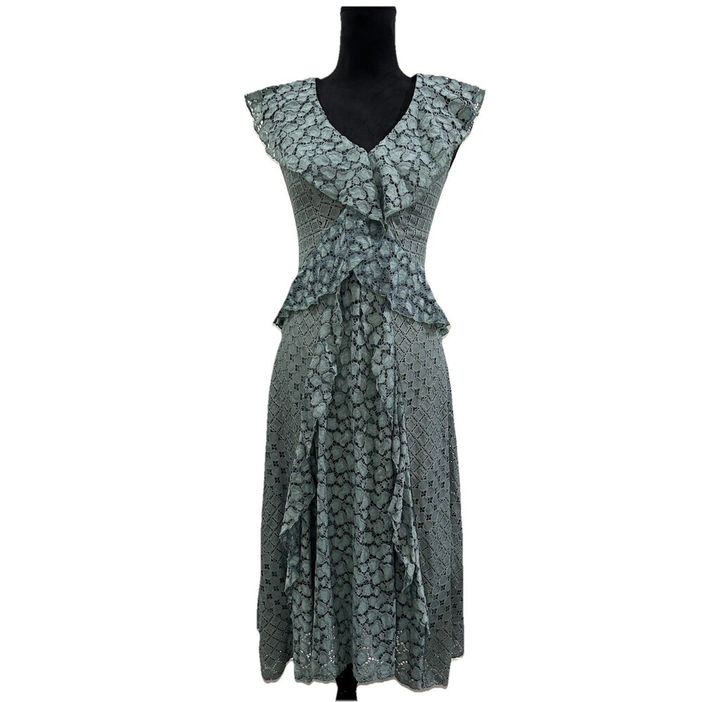 Anthropologie Women Size 2 Green Antoinette Ruffle Midi Dress V Neck Sleeveless